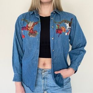 Vintage Christmas kittens chambray shirt